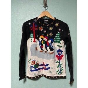 Designers Originals Women's Snowman Penguin Holiday Winter‎ Black Sweater PS